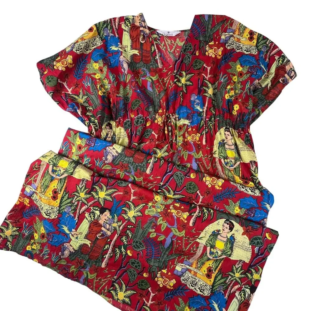 Frida Kahlo Print Kaftan Maxi Dress One Size Red Cotton Resort Caftan Cover Up - Picture 4 of 16